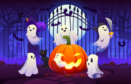 Cartoon Halloween ghosts flying near cemetery gate and giant pumpkin jack o lantern. Black cat and eerie moonlight complete the scene. Halloween holiday vector banner with ghosts on graveyardのイラスト素材