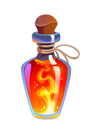 Cartoon magic potion bottle or vector glass potion bottle filled with glowing orange liquid, wooden cork and fire flames inside. Fantasy alchemy icon for Halloween witchcraft poison and magic potionのイラスト素材
