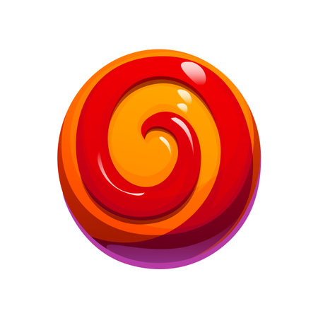 Cartoon Halloween spiral caramel candy with red and orange swirl. Vector sweet glossy spiral caramel candy. Cute snack for Halloween treats and kids partyのイラスト素材