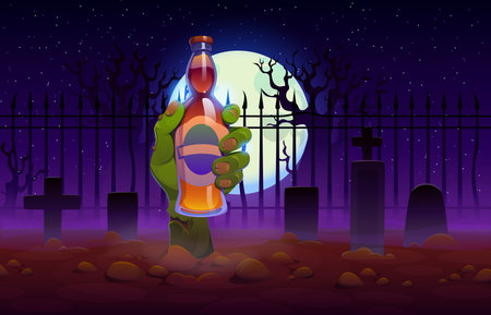 Halloween green zombie hand with long crooked fingers and beer bottle. Vector hand rises from the ground between tombstones and fence on abandoned graveyard. Cartoon drink horror night promotionのイラスト素材