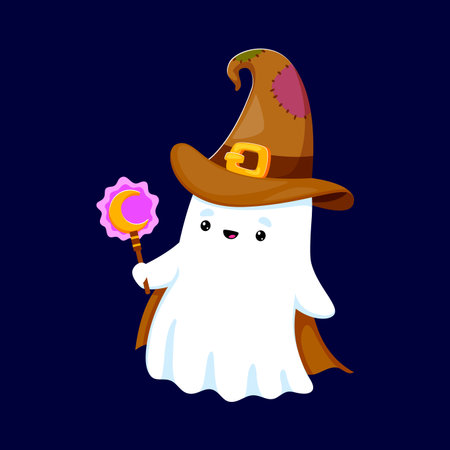 Cute kawaii Halloween ghost with crescent moon staff and patchwork witch hat. Vector ghost wizard smiling with magic wand in hand. Spooky character for Halloween party and trick or treat holidayのイラスト素材