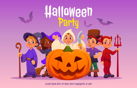 Halloween greeting card with kids vector characters standing around giant carved pumpkin. Wizard, ghost and pirate, witch and devil funny children with happy faces and party props for Halloween partyのイラスト素材