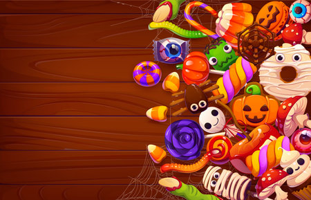 Halloween trick or treat vector sweets and candies on wooden background. Purple lollipop, caramel apple, meringue, spooky eyeball candy, chocolate spiders, ghost marshmallow. Halloween creepy dessertのイラスト素材