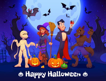 Happy Halloween cartoon vector characters on eerie graveyard. Mummy wrapped in bandages, witch with broom, vampire in black cape, muscular werewolf baring sharp teeth, carved pumpkins and flying batsのイラスト素材