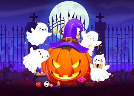 Graveyard cemetery gate with cartoon Halloween ghosts flying around carved pumpkin lantern in witch hat with confetti, trick or treat candies. Vector Halloween characters at cemetery gate backgroundのイラスト素材