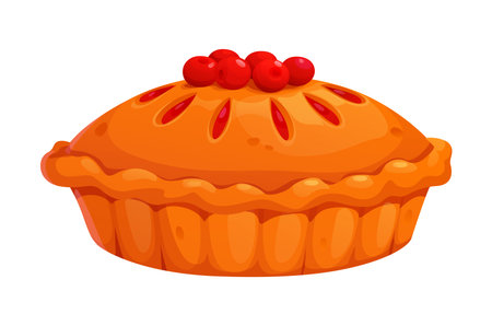 Cartoon cranberry pie crispy orange crust, Thanksgiving day food. Traditional autumn homemade vector cake with berries. Cozy fall harvest sweet dessert with dough capのイラスト素材