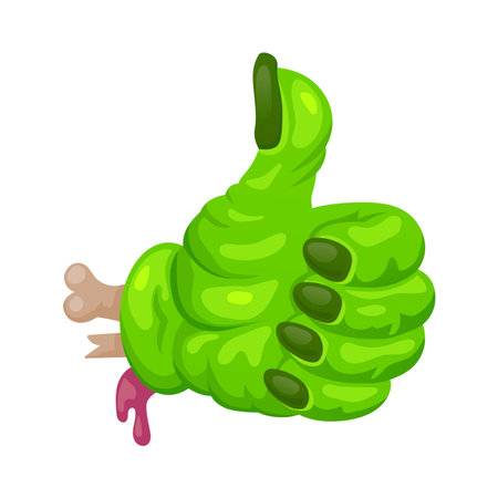 Halloween emoji character icon of cartoon green zombie hand giving a thumbs up gesture with exposed bone and dripping flesh. Vector fun yet creepy Halloween emoji for spooky horror approval reactionsのイラスト素材