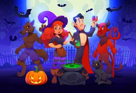 Halloween vector characters on abandoned graveyard. Cartoon witch with bubbling cauldron, vampire with a glass, red devil with a trident, and werewolf in rags and eerie graveyard cemetery backgroundのイラスト素材