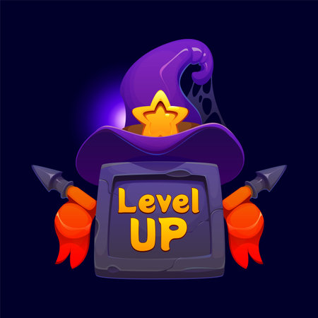 Halloween level up rank, scary game badge. Purple witch hat decorated with golden star, placed above dark stone tablet. Two spears with pointed arrowheads flank the sign Cartoon vector progress iconのイラスト素材