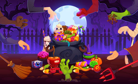 Halloween candies and sweets bucket pot. Vector black cauldron with candies, striped lollipops, candy corn, caramel apples is attacked by devilish witch, clawed and zombie hands in Halloween bucketのイラスト素材