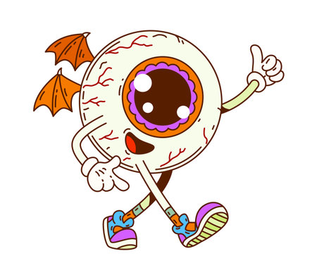 Groovy Halloween eyeball character with bat wings and sneakers. Cute spooky mascot with arms and legs. Vector Halloween icon for spooky, disco, or hipster partyのイラスト素材