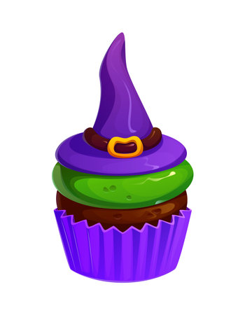 Cartoon Halloween sweet cupcake decorated with a purple witch hat and green cream. Vector delicious chocolate dessert for spooky holiday celebration, decorated with buckle hat and purple paper cupのイラスト素材