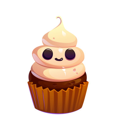 Cartoon Halloween chocolate cupcake sweet with smiling face. Sweet brown pastry in paper cup topped with soft white cream shaped like smiling ghost face. Vector spooky treat with cute cream ghostのイラスト素材