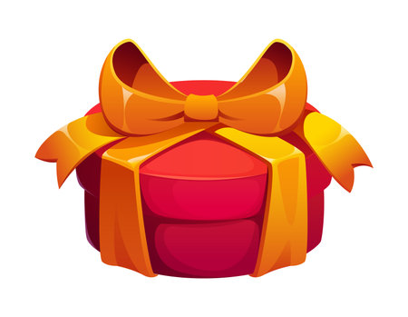 Holiday giftbox Christmas cartoon decoration or element. Xmas festive decoration, merry Christmas celebration vector element. Happy New Year gift or present round red box, tied with golden ribbon bowのイラスト素材