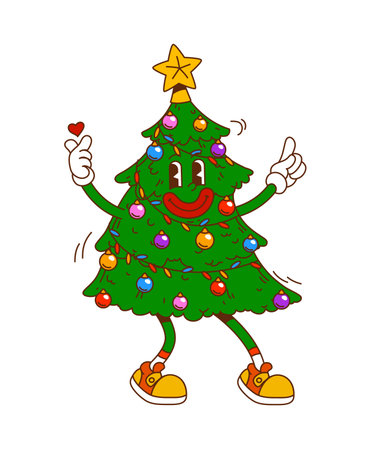 Groovy retro Christmas tree character with garland, colorful baubles and golden star topper. Funky cartoon mascot with happy smiling face and heart in hand. Vector holiday personage for xmas partyのイラスト素材