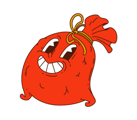 Groovy Christmas gift sack character with smile and rope. Retro funky mascot with trippy 80s vibe walk and smile. Funky vector Santa Claus sack for cool winter holidays and greeting cardsのイラスト素材
