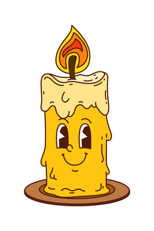 Groovy Christmas candle character with happy smile and flickering flame. Funky retro candle with vintage comic vibes. Cute vector personage for Halloween or Christmas partyのイラスト素材