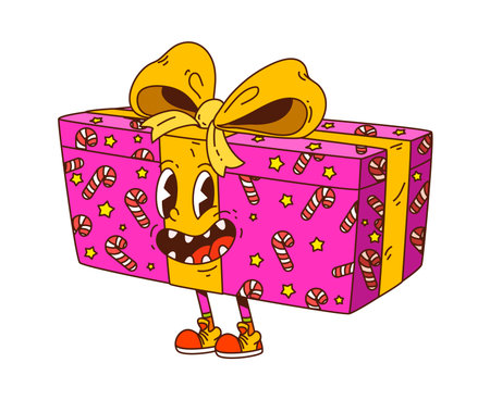 Groovy Christmas gift box character with big smile and yellow bow on head. Funky present mascot in funny sneakers. Pink vector personage with trippy holiday vibe for party invitationsのイラスト素材