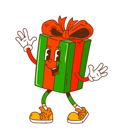 Groovy funky Christmas gift box character with happy smile, red bow and cool yellow sneakers. Retro present mascot with vintage 70s design and comic eyes. Funky vector holiday mascotのイラスト素材