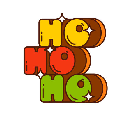 Groovy Ho ho ho Christmas quote in funky yellow, red and green letters with retro 70s vibe. Vector psychedelic typography with shine effects for festive cards and party postersのイラスト素材