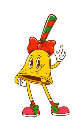 Groovy retro Christmas bell character with happy smiling face, red bow, and candy cane hat. Cute golden jingle bell mascot in sneakers with vintage comic design. Funky vector personage for xmas partyのイラスト素材