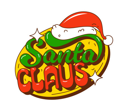 Groovy Santa Claus quote with funky retro font with classic red Santa hat decoration. Vector retro Christmas phrase with yellow oval background. Funky winter calligraphy for vintage greeting cardのイラスト素材