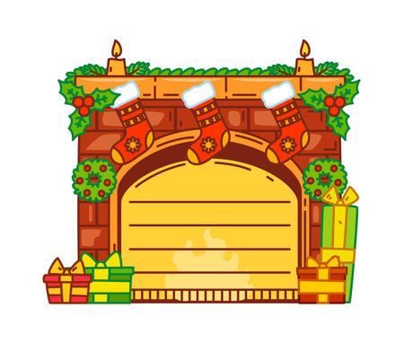 Christmas kids memo note frame of cozy cartoon fireplace decorated with Christmas stockings, candles, holly, festive wreaths and wrapped presents. Vector blank label for holiday notes and gift tagsのイラスト素材