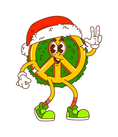 Groovy Christmas peace sign character wears Santa hat and green sneakers while flashing peace gesture. Funky vector retro mascot with trippy holiday vibe for holiday partyのイラスト素材
