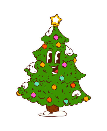 Groovy retro Christmas tree character with happy smiling face, colorful ornaments and golden star topper with funky 70s cartoon vibe. Cool vector holiday evergreen mascot for xmas partyのイラスト素材