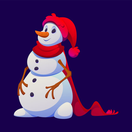 Snowman Christmas cartoon cute character. Winter holiday cheerful mascot, merry Christmas celebration isolated vector personage. Xmas festive snowman character wearing red knitted hat and scarfのイラスト素材
