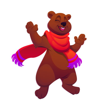 Grizzly bear Christmas cartoon cheerful character. Winter holiday happy personage, merry Christmas isolated vector animal character. New Year celebration happy smiling bear mascot in long red scarfのイラスト素材