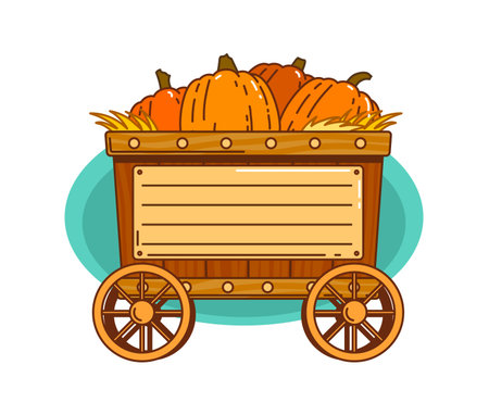 Thanksgiving day pumpkin harvest kids memo note template. Scrapbook page vector Thanksgiving label, schedule autumn sticker. Planner fall season kids memo note frame with ripe pumpkins in farmer wagonのイラスト素材