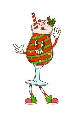 Groovy Christmas cocktail character with stripes and whipped cream. Funky vector drink mascot with red green layers and fir branches. Cute funny personage for winter party sticker and cozy xmas menuのイラスト素材