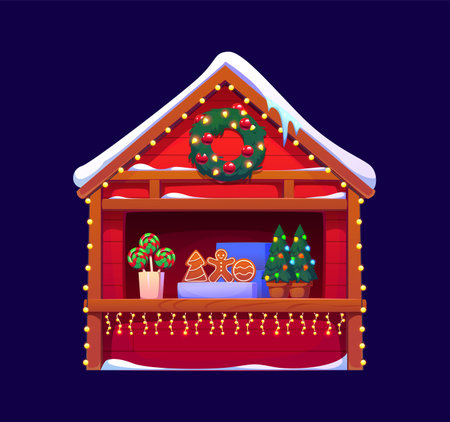 Christmas market stall with wreath, gifts, candies and cookies. Cozy winter kiosk booth with festive garland, tree decor and holiday lights. Cartoon vector wooden night shop for seasonal celebrationのイラスト素材