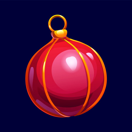 Cartoon red Christmas tree ball decoration with golden ornament. Vector isolated glossy bauble for winter holiday xmas decorating. Retro toy with shiny surface, merry season celebration shape decorのイラスト素材