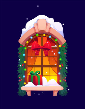 Cartoon Christmas window with snow, red bow, garlands, evergreen branches and gift box on the sill. Vector cozy seasonal home scene. Warm glowing interior and exterior with festive xmas decorationのイラスト素材