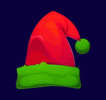 Elf hat for Christmas winter holiday or gnome cap with pompom, vector cartoon icon. Xmas and New Year red hat with green fur pompon for party costume garment of elf gnome and winter holiday greetingのイラスト素材