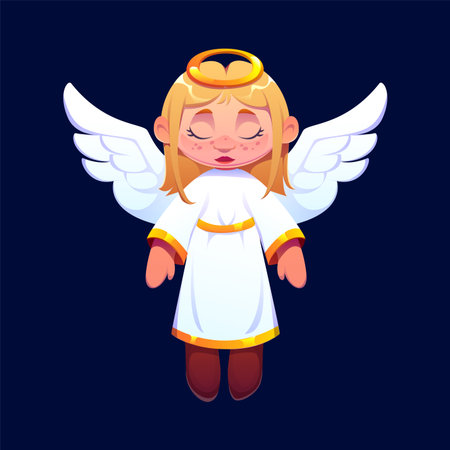 Christmas angel decoration or cartoon character for winter holiday, vector personage. Angel baby or cherub kid with wings and golden halo as Xmas tree bauble ornament for Christmas eve greetingのイラスト素材