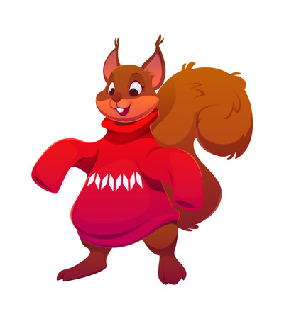 Christmas squirrel or cartoon animal character for winter holiday, vector personage. Funny squirrel in red knitted sweater with ornament and happy face for Christmas greeting, New Year and Xmasのイラスト素材