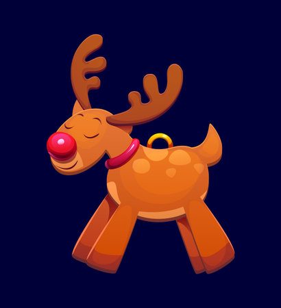 Cartoon cute reindeer Christmas tree decoration, ornament toy, vector bauble. Isolated winter xmas holiday decor, merry figure of funny reindeer with red nose to hang on tree for New Year celebrationのイラスト素材