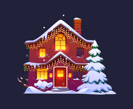 Christmas house in winter snow for holiday with Xmas lights in windows, cartoon vector. House in snow decorated with garland and fire or pine tree, Christmas home with snowy caps on roof and chimneyのイラスト素材
