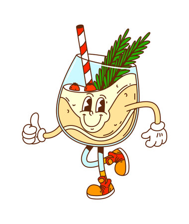 Groovy Christmas eggnog cocktail character with happy smiling face, thumbs up gesture and orange sneakers. Vector holiday drink mascot with creamy yellow beverage, red striped straw, pine branchesのイラスト素材