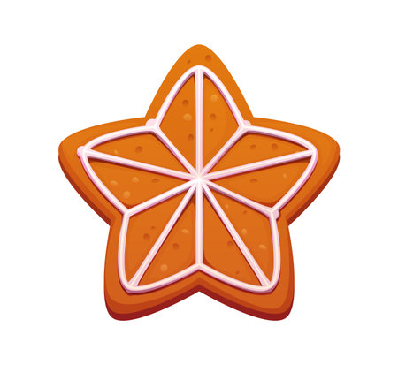 Cartoon Christmas star gingerbread cookie with white icing lines forming a festive ornament, warm baked texture and sweet glaze. Vector cozy winter holiday dessert, homemade yummy confectionery treatのイラスト素材