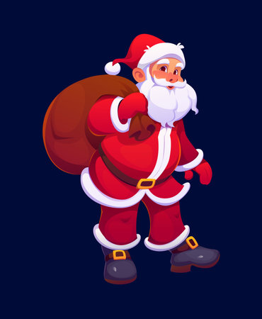 Cartoon Christmas Santa character for winter holiday with gifts bag, vector personage. Funny old Santa Claus with beard and sack of New Year presents for kids on Christmas. Cartoon holiday characterのイラスト素材