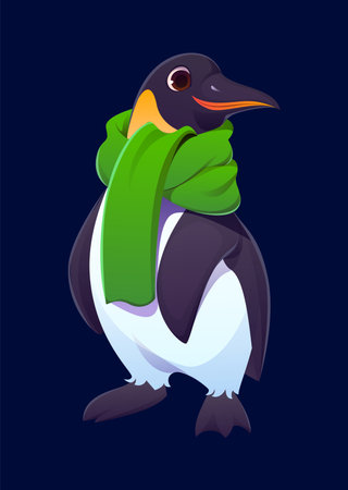 Christmas penguin or cartoon animal character for winter holiday, vector personage. Funny penguin in green scarf with happy face for Christmas greeting, New Year and Xmas celebrationのイラスト素材