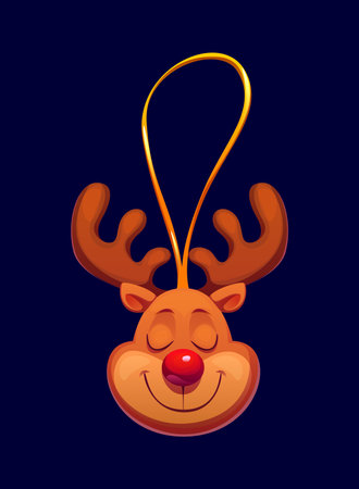 Cartoon Christmas tree decoration of reindeer muzzle or deer face with smile, vector icon. Christmas ornament decor for winter holiday or Xmas tree decoration of funny happy reindeer deer for New Yearのイラスト素材