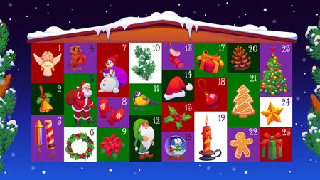 Christmas advent calendar of Xmas holiday characters and gifts house vector template. Cartoon Christmas advent countdown calendar with cute Santa, snowman, Xmas tree, presents, sock and wreathのイラスト素材