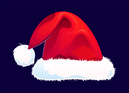 Cartoon Christmas Santa hat. Isolated vector red classic cap of Saint Nicholas or Noel with white fluffy trim and pompom, accessory for xmas holiday celebration, photo booth, festive decoration itemのイラスト素材