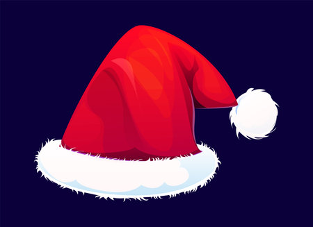 Santa hat or Christmas winter holiday cap with fur pompon, vector cartoon icon. Xmas and New Year red Santa hat with fur pompom for party costume garment and winter holiday greetingのイラスト素材