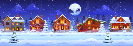 Winter snowy night Christmas town, village and city neighborhood landscape vector background. Cartoon Christmas town street, cozy houses and snowy trees with Xmas lights, Santa in sleigh with giftsのイラスト素材
